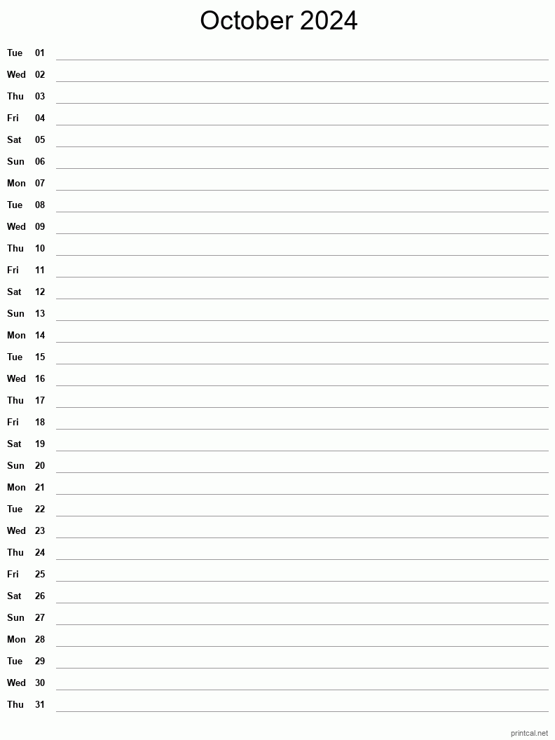 October 2024 Printable Calendar - Single Column Notesheet
