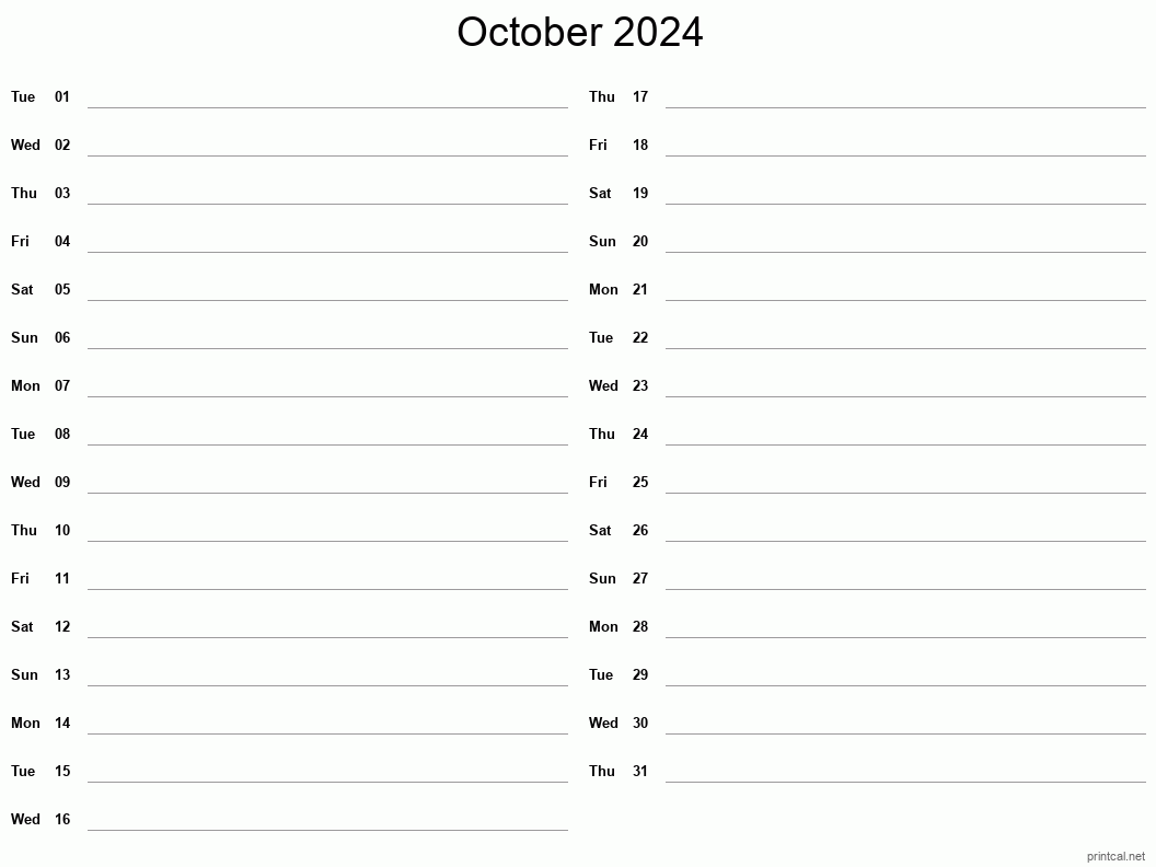 October 2024 Printable Calendar - Two Column Notesheet