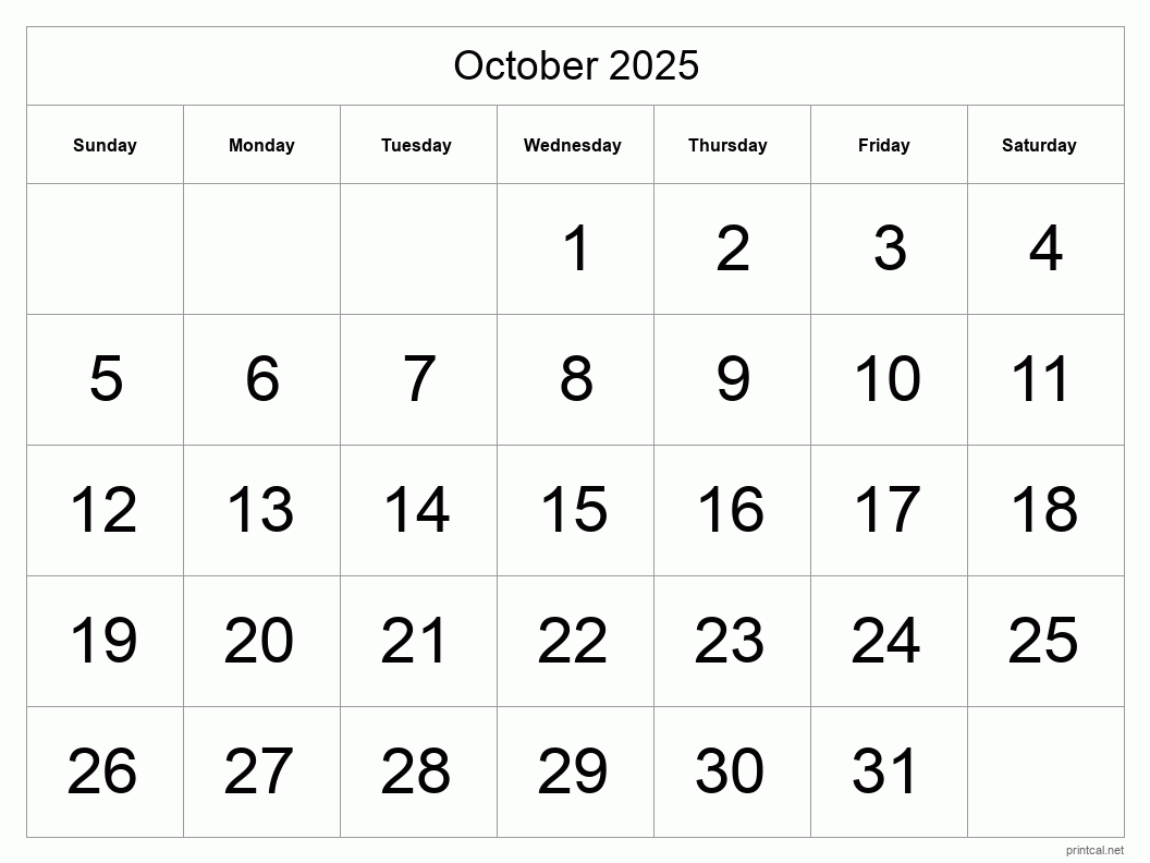 October 2025 Printable Calendar - Big Dates
