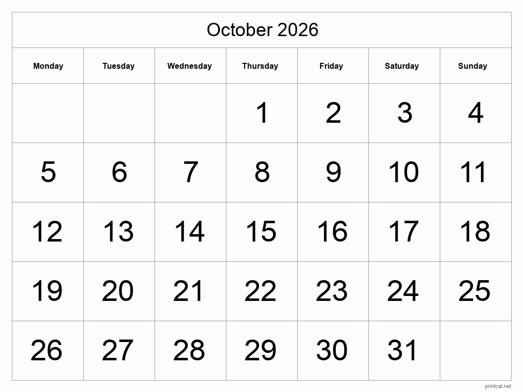 October 2026 Printable Calendar - Big Dates
