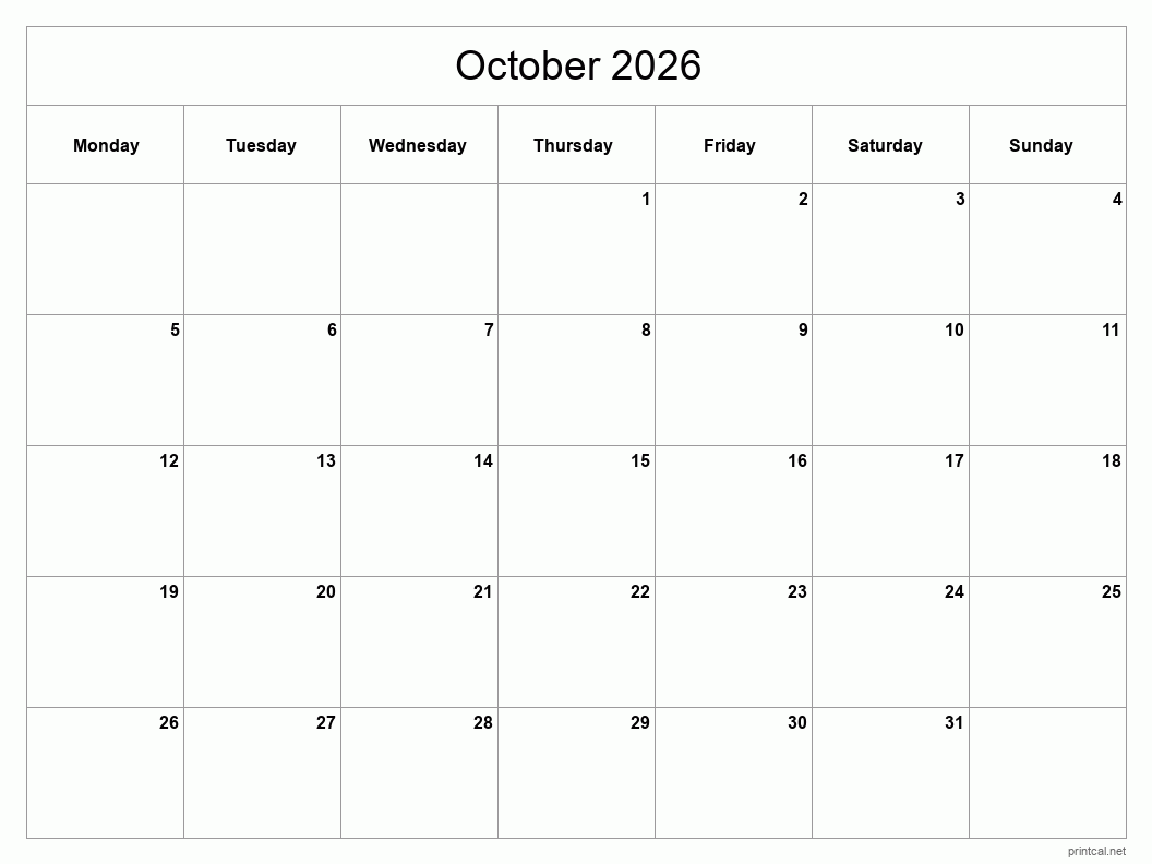 October 2026 Printable Calendar - Classic Blank Sheet