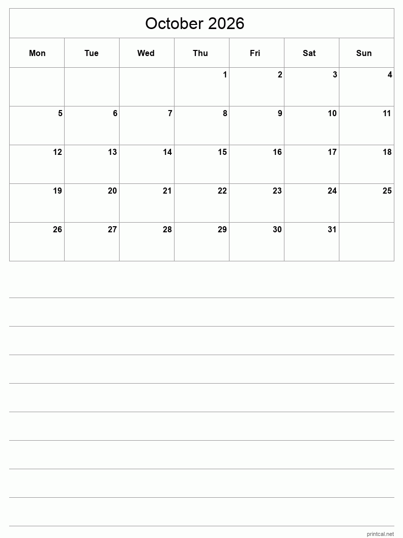 October 2026 Printable Calendar - Half-Page With Notesheet