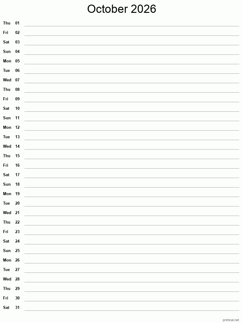 October 2026 Printable Calendar - Single Column Notesheet