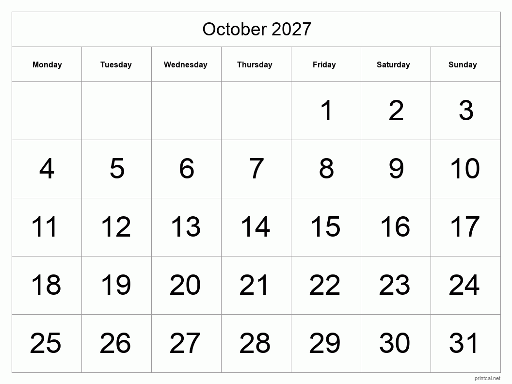 October 2027 Printable Calendar - Big Dates
