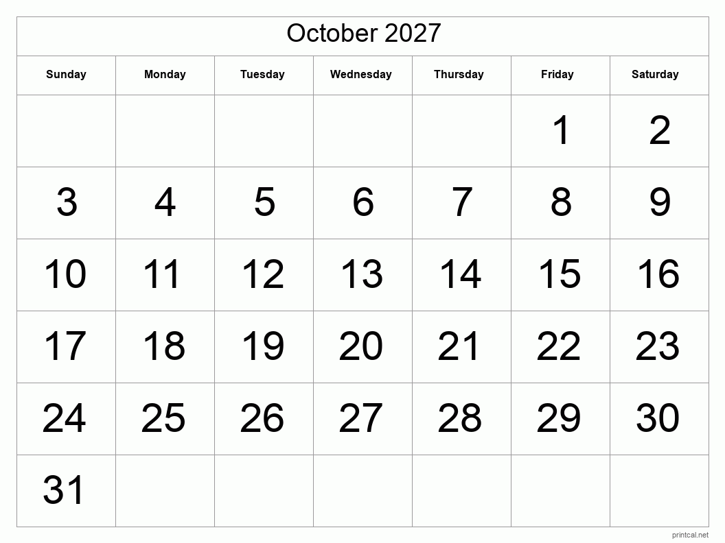 October 2027 Printable Calendar - Big Dates