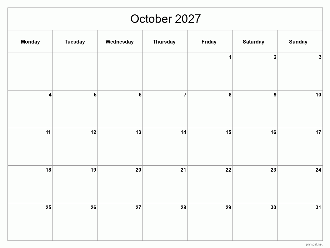 October 2027 Printable Calendar - Classic Blank Sheet