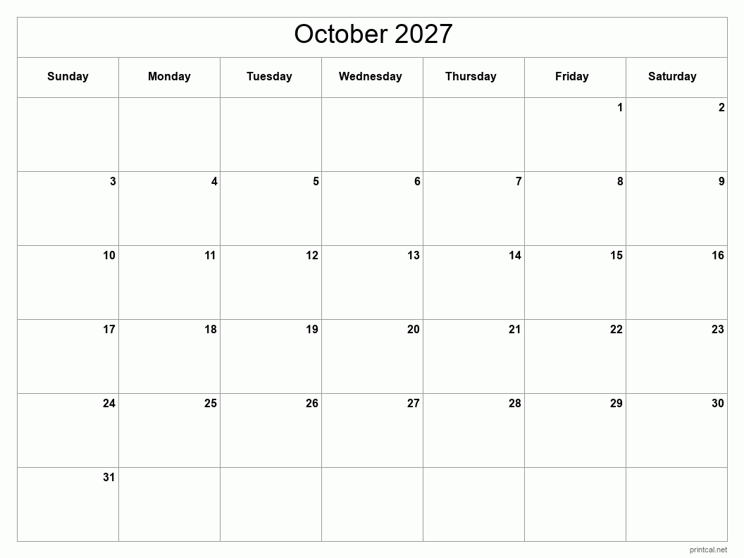 October 2027 Printable Calendar - Classic Blank Sheet