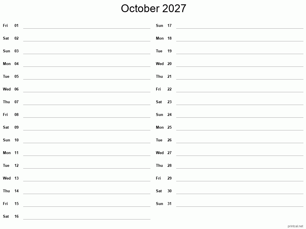 October 2027 Printable Calendar - Two Column Notesheet