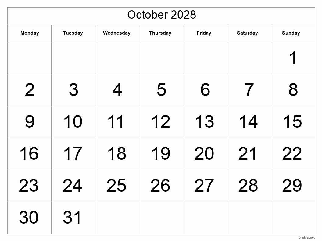 October 2028 Printable Calendar - Big Dates