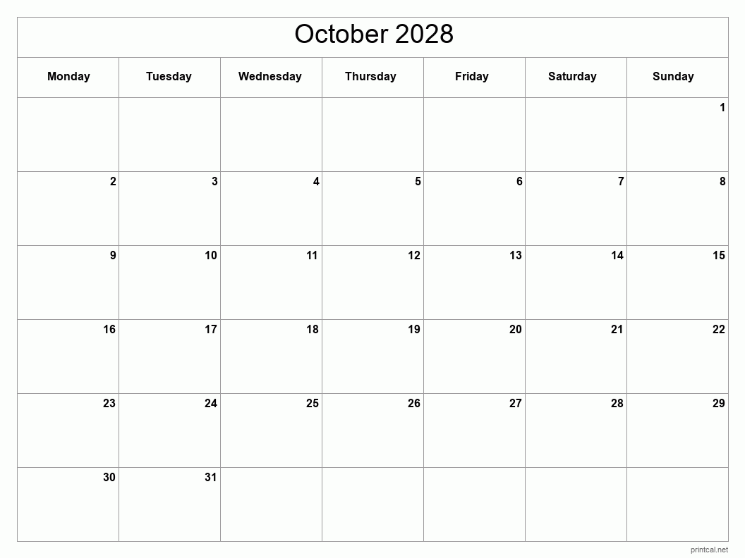 October 2028 Printable Calendar - Classic Blank Sheet