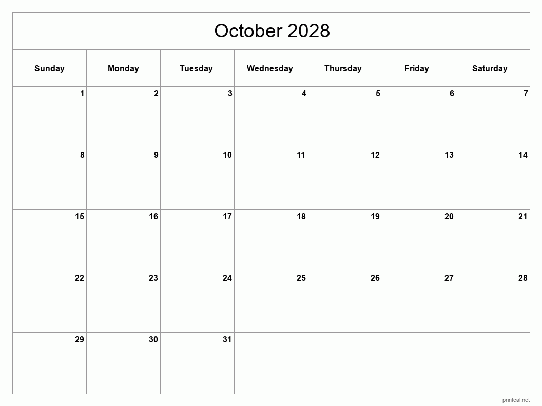 October 2028 Printable Calendar - Classic Blank Sheet