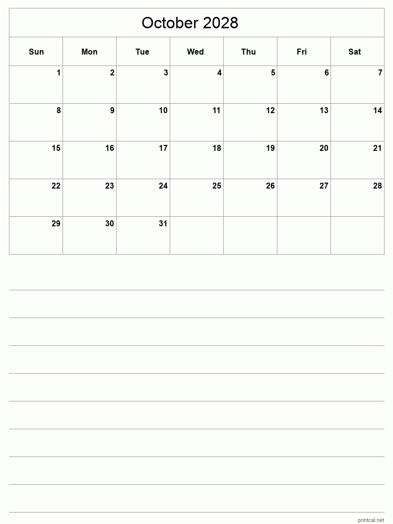 October 2028 Printable Calendar - Half-Page With Notesheet