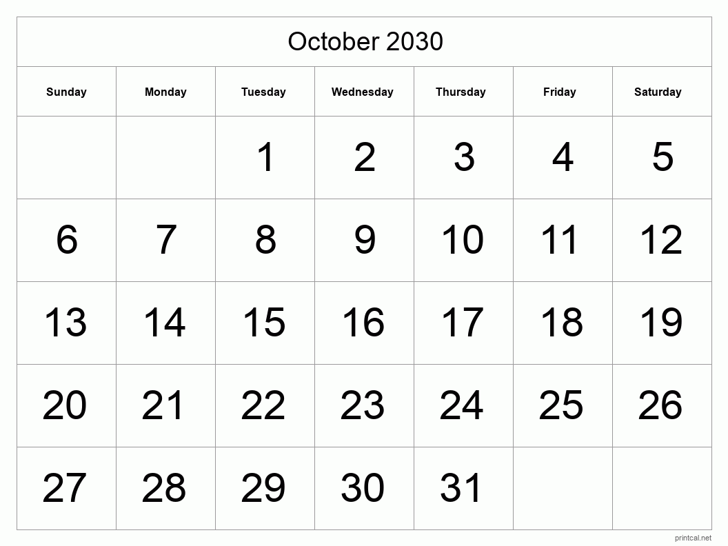 October 2030 Printable Calendar - Big Dates