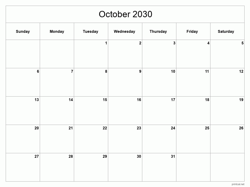 October 2030 Printable Calendar - Classic Blank Sheet