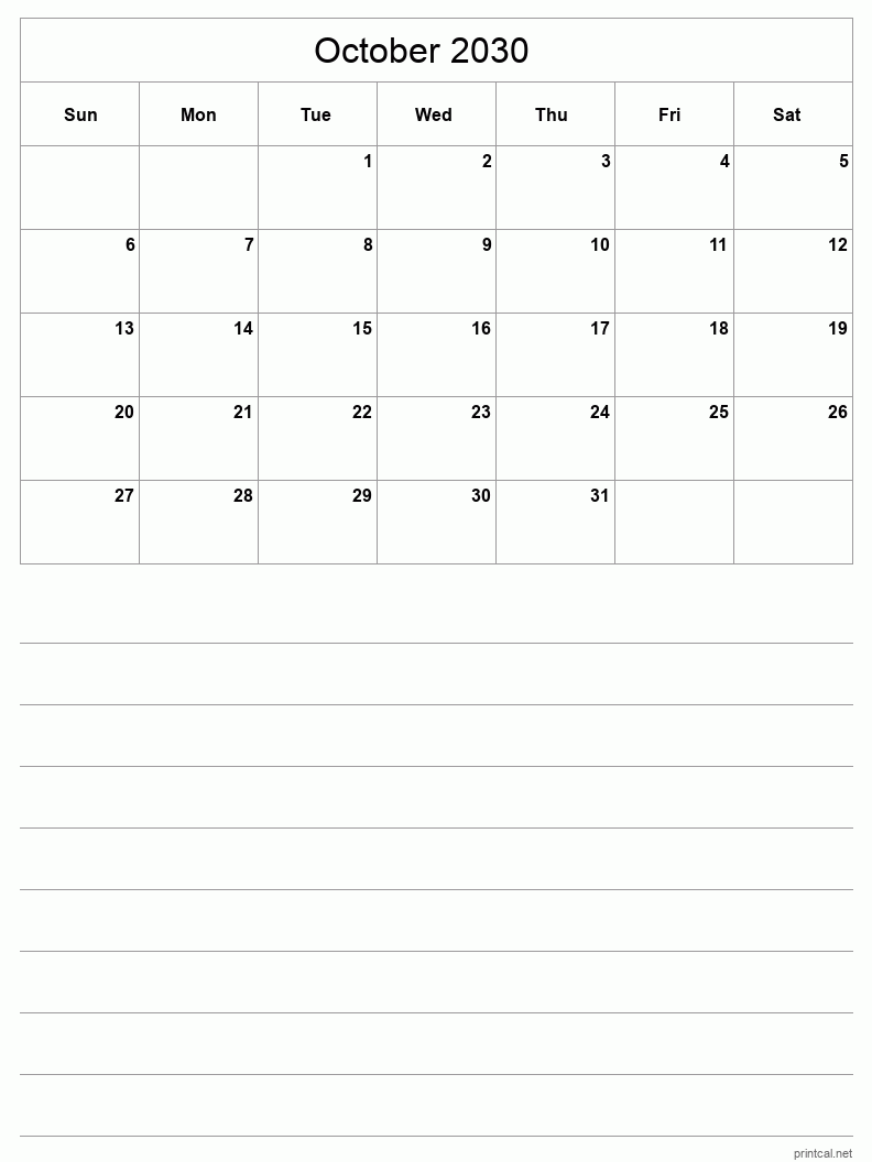 October 2030 Printable Calendar - Half-Page With Notesheet