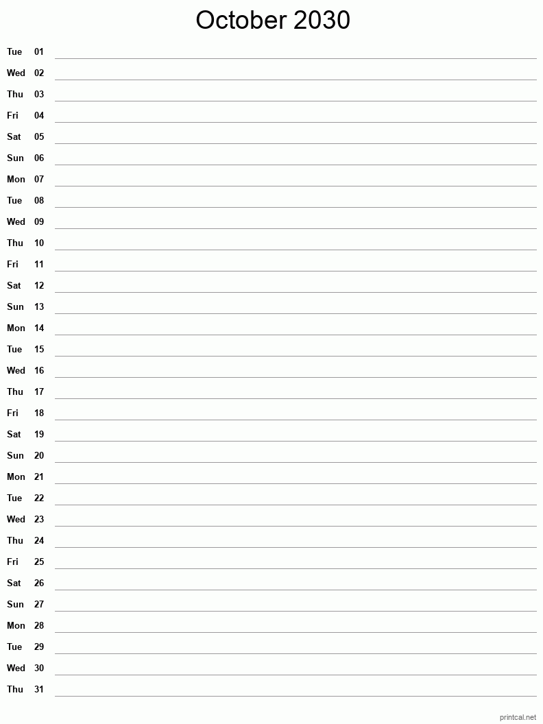 October 2030 Printable Calendar - Single Column Notesheet