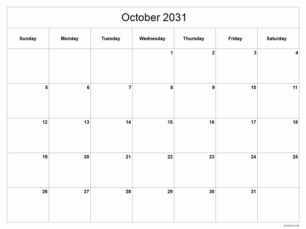 October 2031 Printable Calendar - Classic Blank Sheet