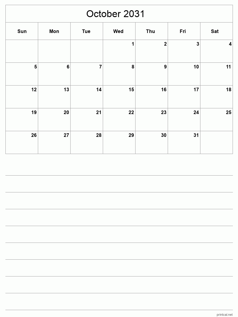 October 2031 Printable Calendar - Half-Page With Notesheet