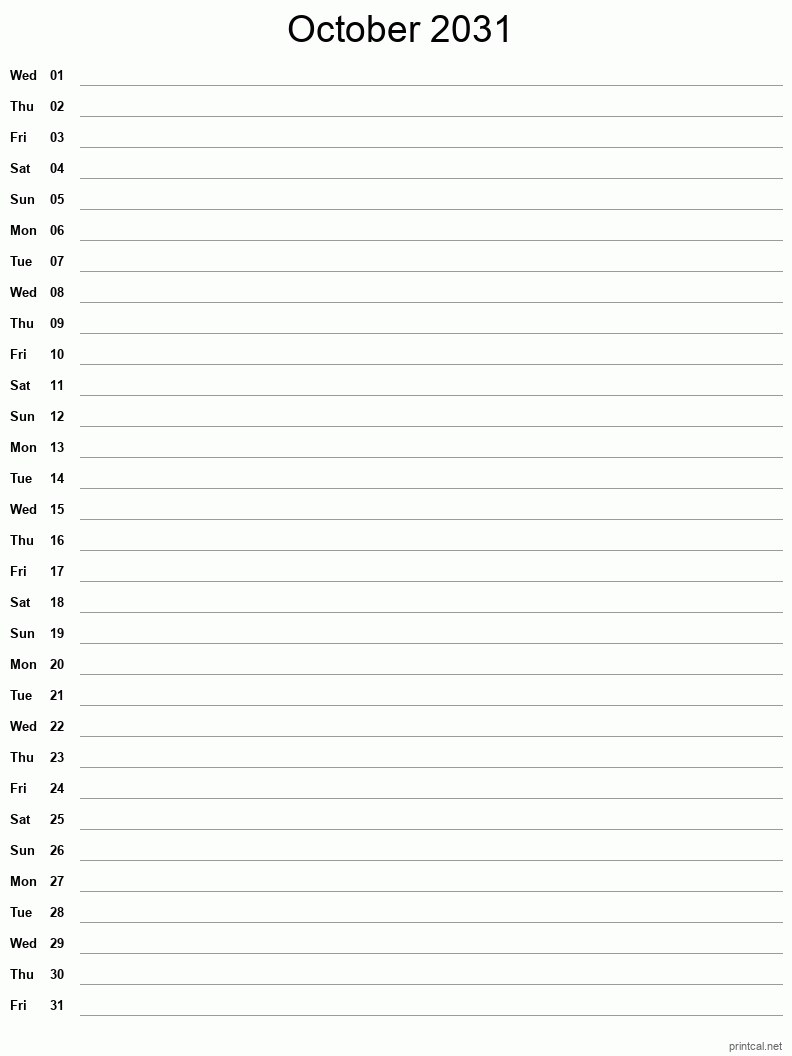 October 2031 Printable Calendar - Single Column Notesheet