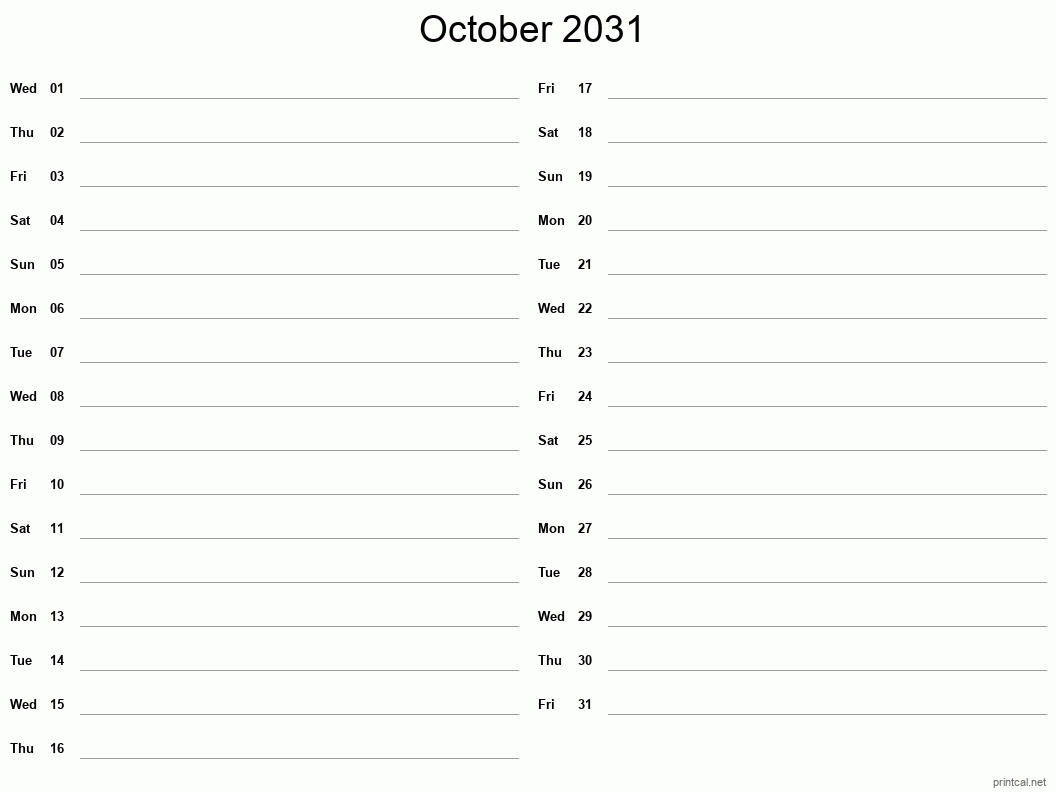 October 2031 Printable Calendar - Two Column Notesheet