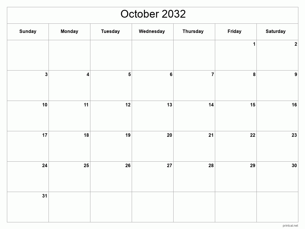 October 2032 Printable Calendar - Classic Blank Sheet
