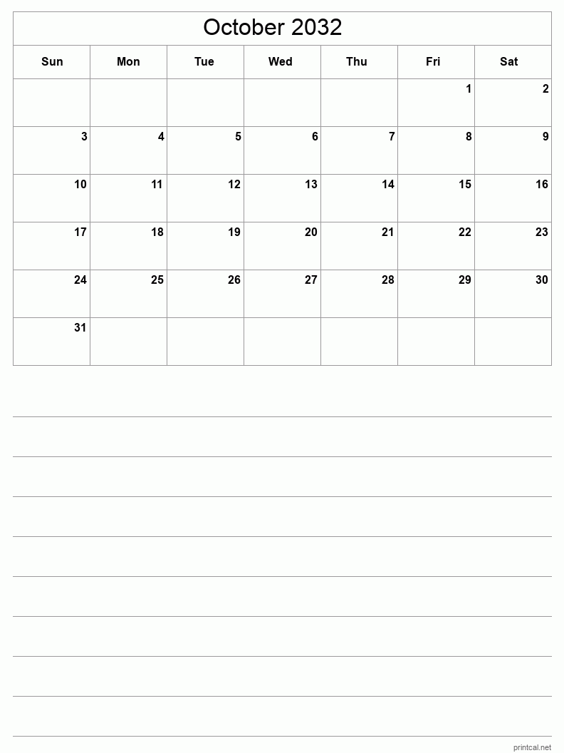 October 2032 Printable Calendar - Half-Page With Notesheet