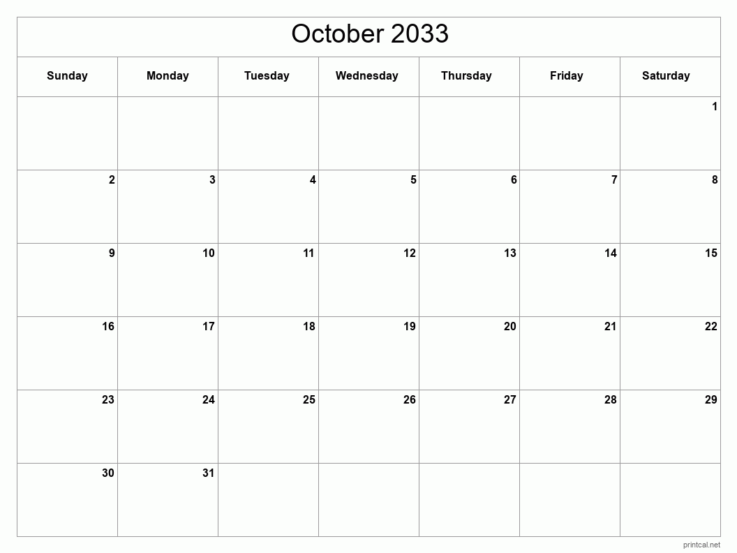 October 2033 Printable Calendar - Classic Blank Sheet