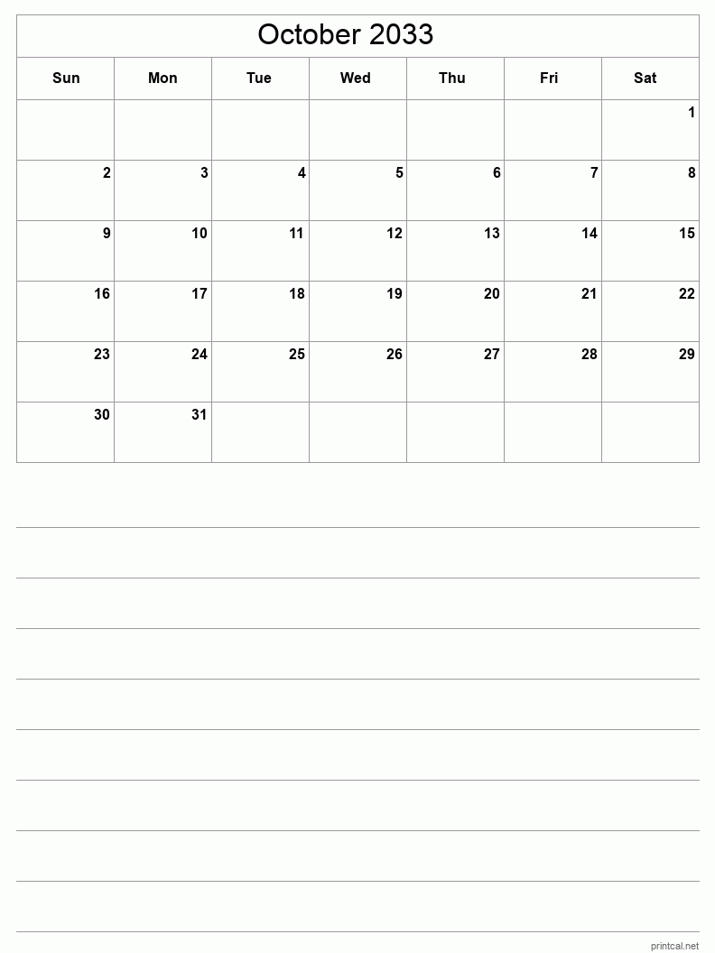 October 2033 Printable Calendar - Half-Page With Notesheet
