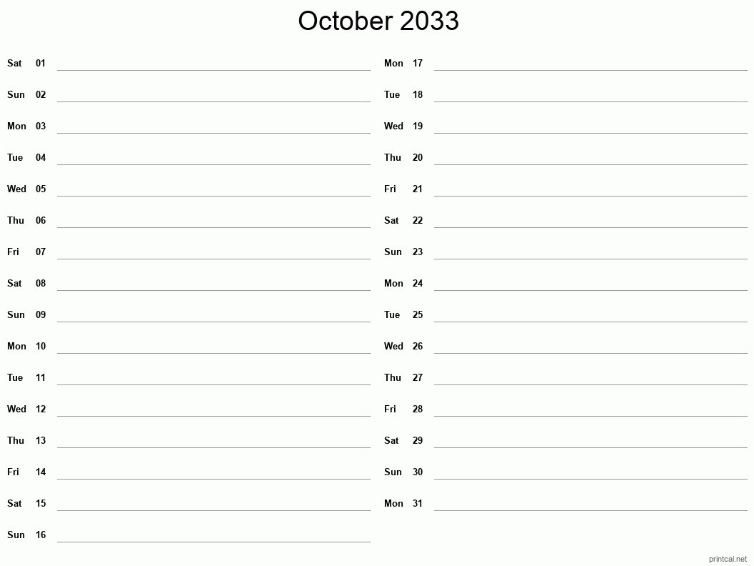 October 2033 Printable Calendar - Two Column Notesheet