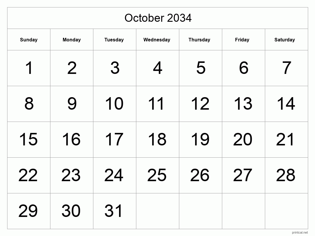 October 2034 Printable Calendar - Big Dates
