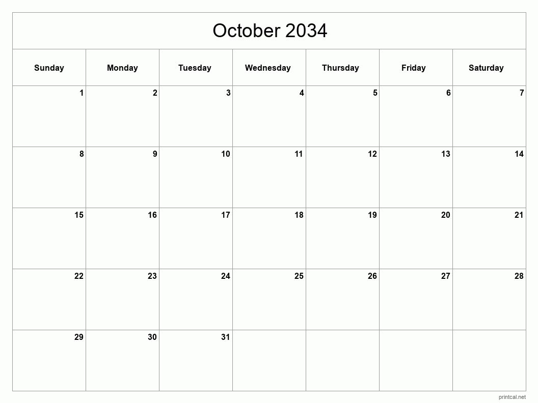 October 2034 Printable Calendar - Classic Blank Sheet