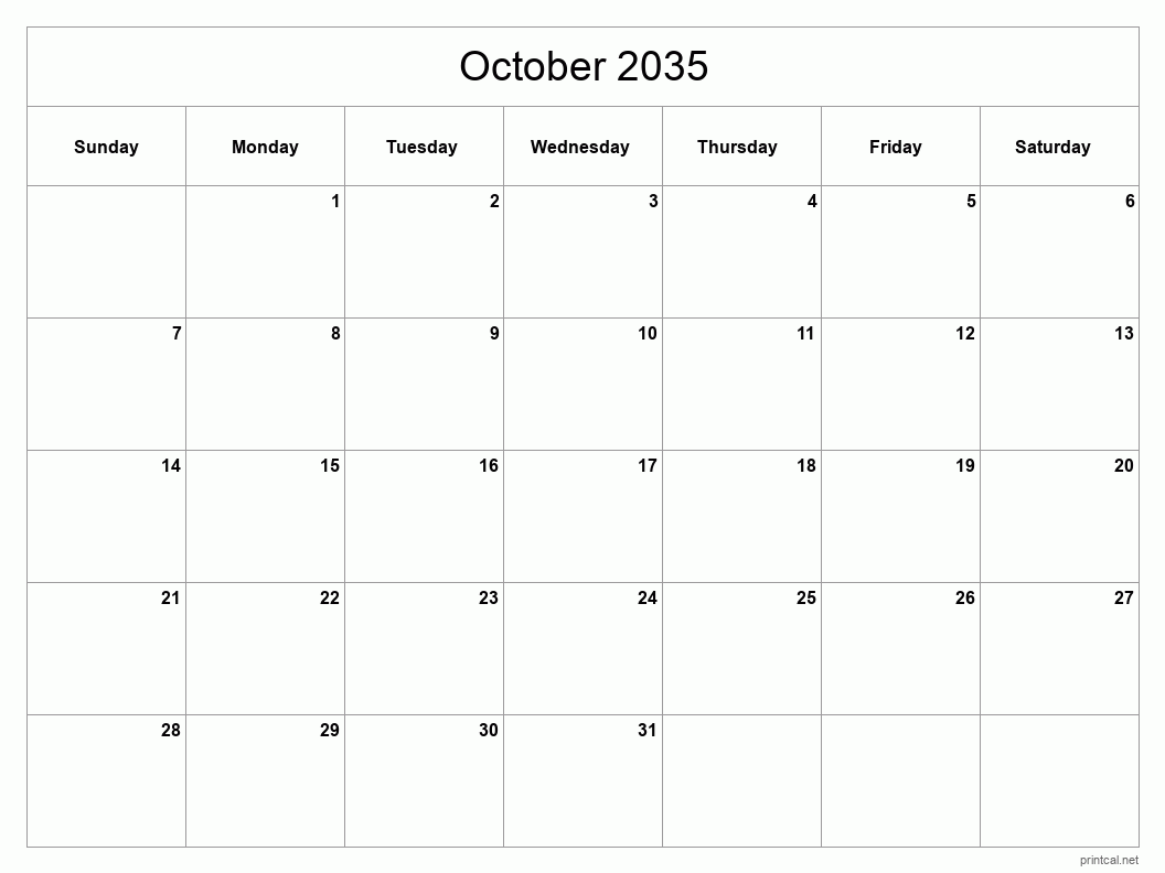 October 2035 Printable Calendar - Classic Blank Sheet