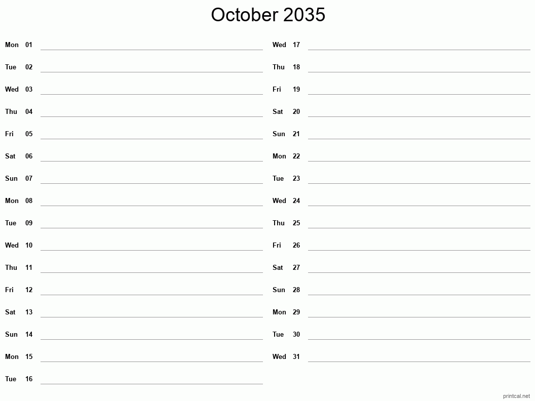 October 2035 Printable Calendar - Two Column Notesheet