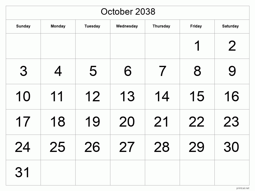 October 2038 Printable Calendar - Big Dates