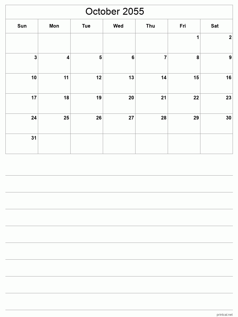 October 2055 Printable Calendar - Half-Page With Notesheet