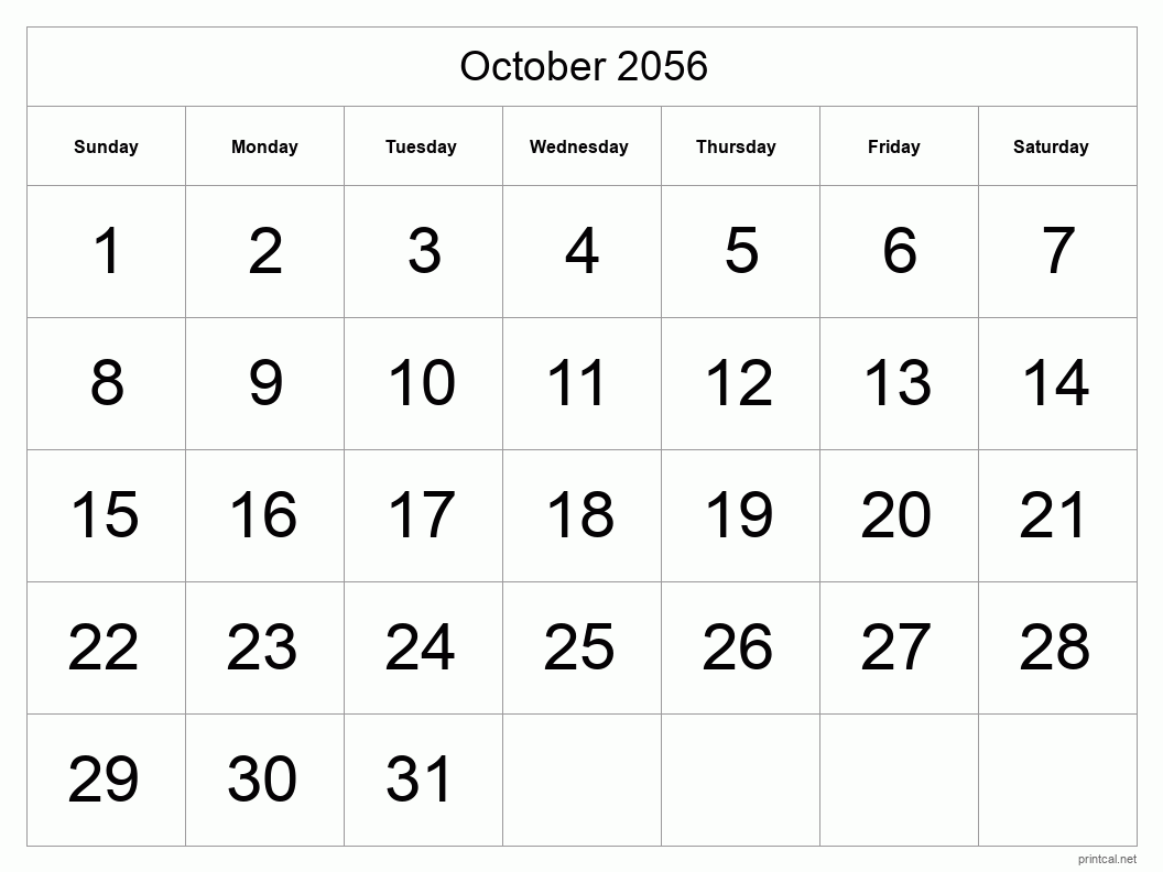 October 2056 Printable Calendar - Big Dates