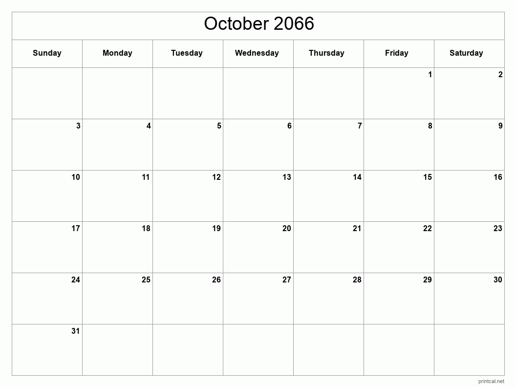 October 2066 Printable Calendar - Classic Blank Sheet