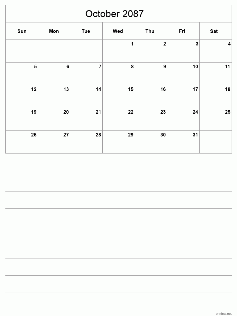 October 2087 Printable Calendar - Half-Page With Notesheet