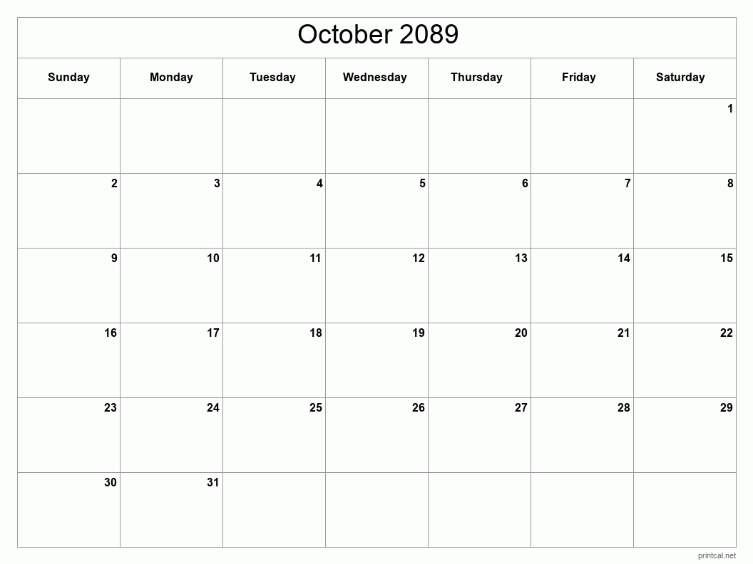 October 2089 Printable Calendar - Classic Blank Sheet