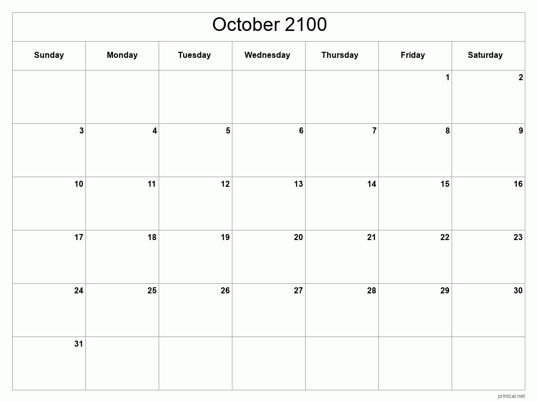 October 2100 Printable Calendar - Classic Blank Sheet