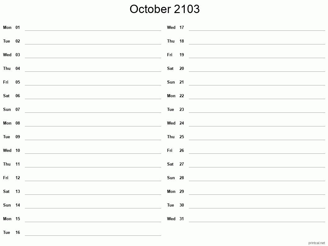 October 2103 Printable Calendar - Two Column Notesheet