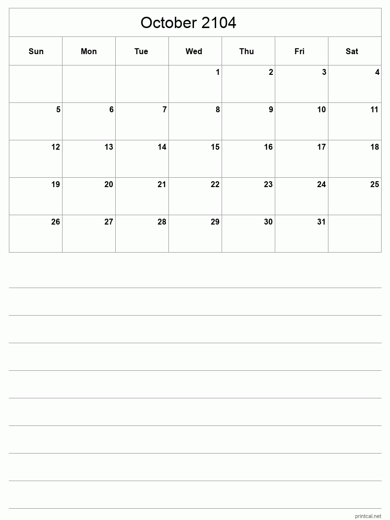 October 2104 Printable Calendar - Half-Page With Notesheet