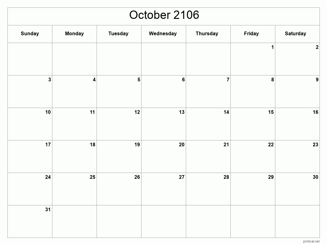 October 2106 Printable Calendar - Classic Blank Sheet