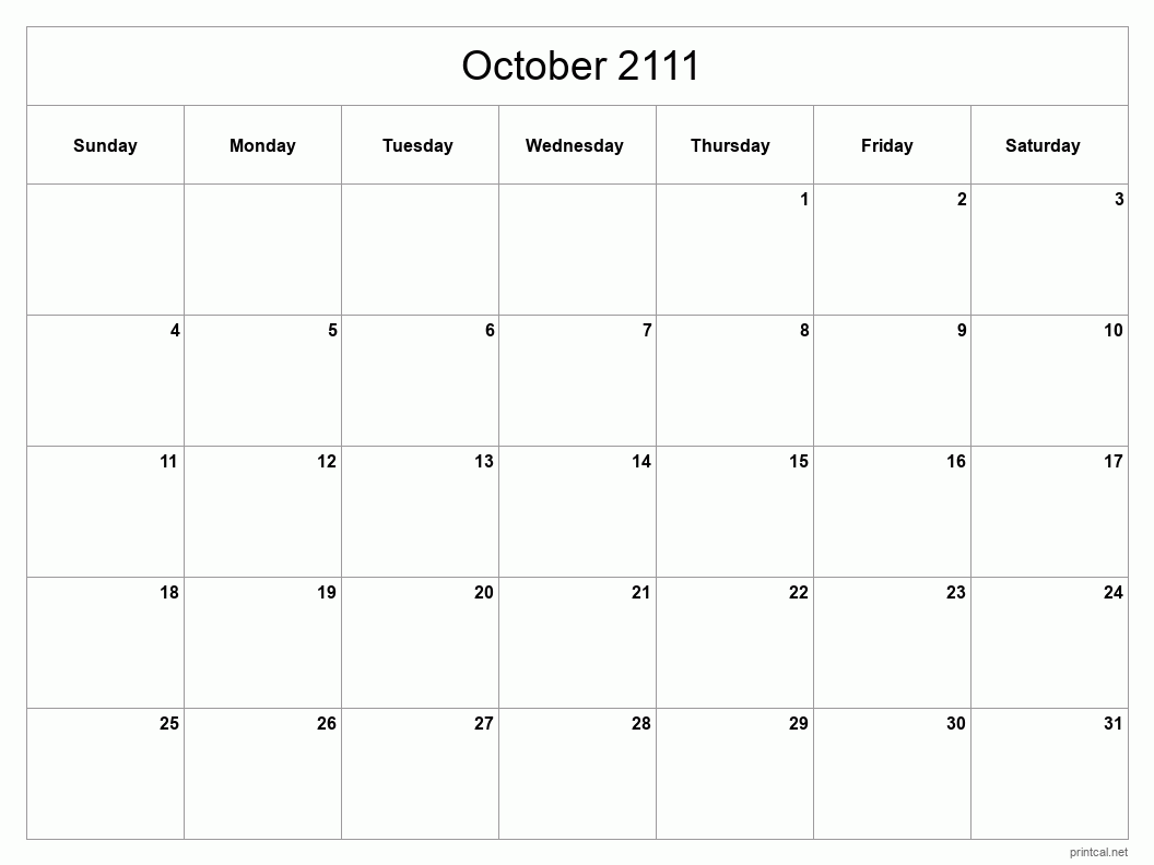 October 2111 Printable Calendar - Classic Blank Sheet