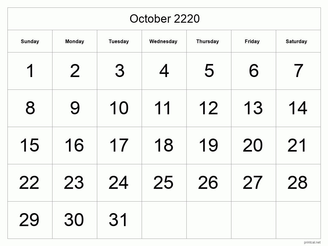 October 2220 Printable Calendar - Big Dates