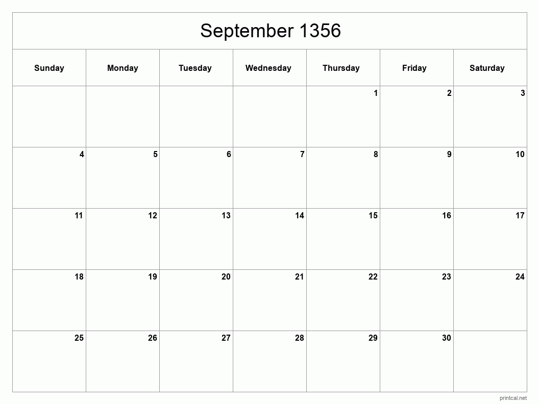 September 1356 Printable Calendar - Classic Blank Sheet