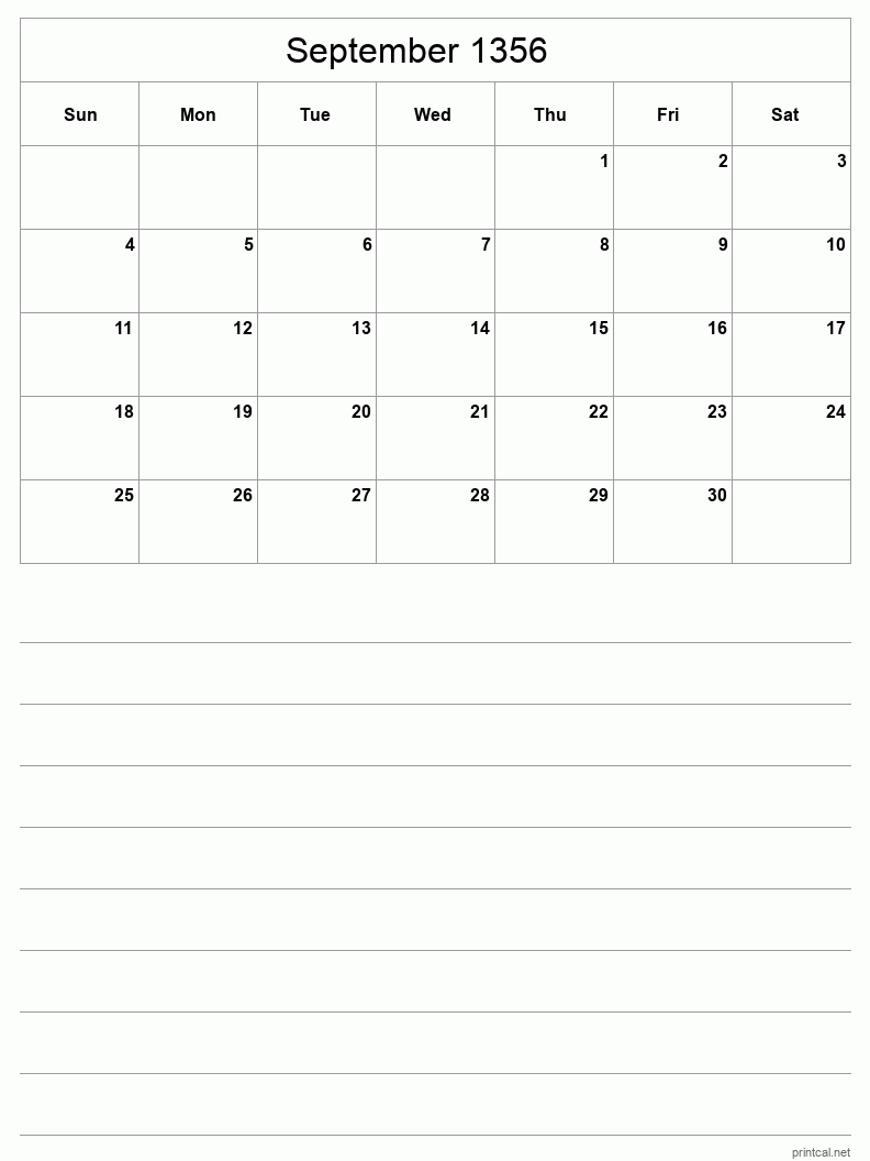 September 1356 Printable Calendar - Half-Page With Notesheet