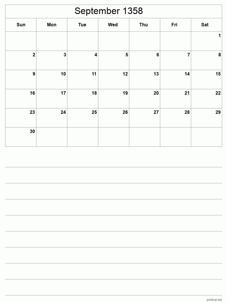 September 1358 Printable Calendar - Half-Page With Notesheet