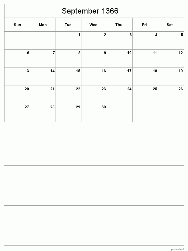 September 1366 Printable Calendar - Half-Page With Notesheet