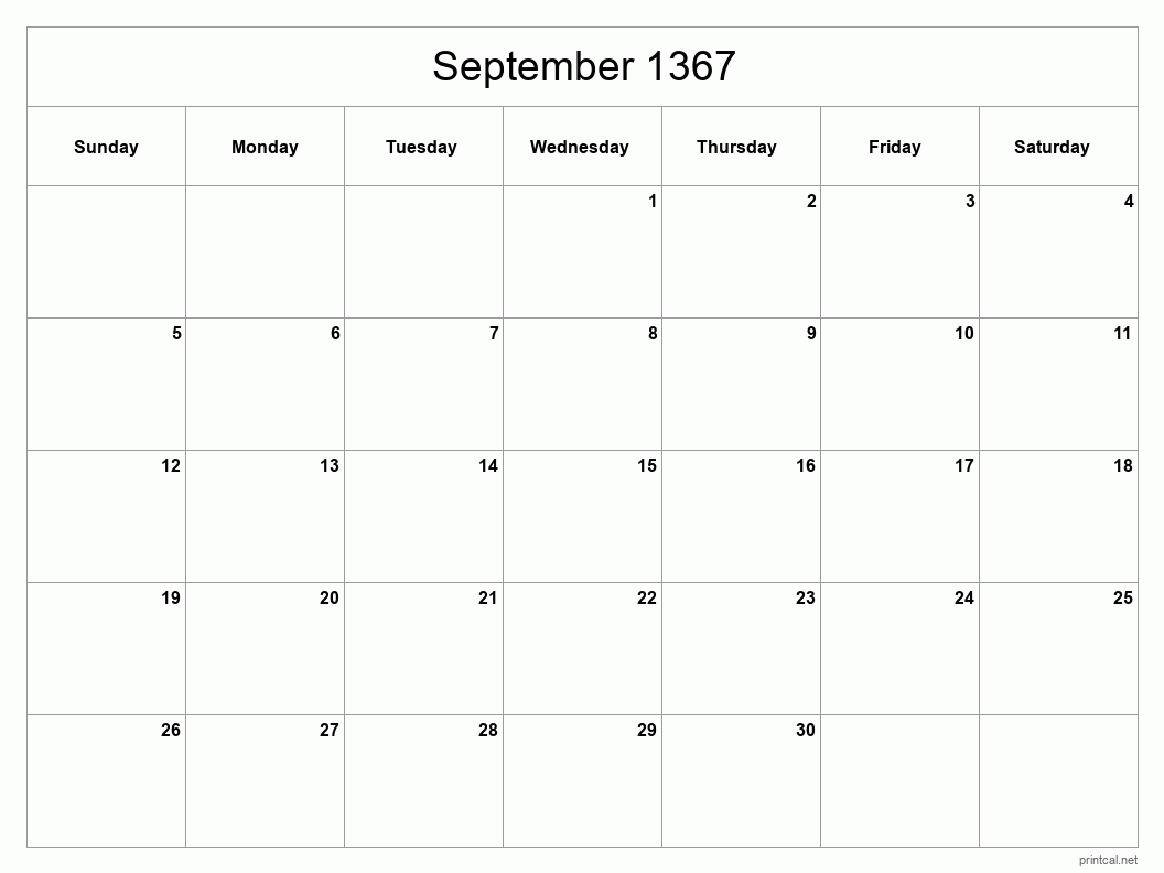 September 1367 Printable Calendar - Classic Blank Sheet